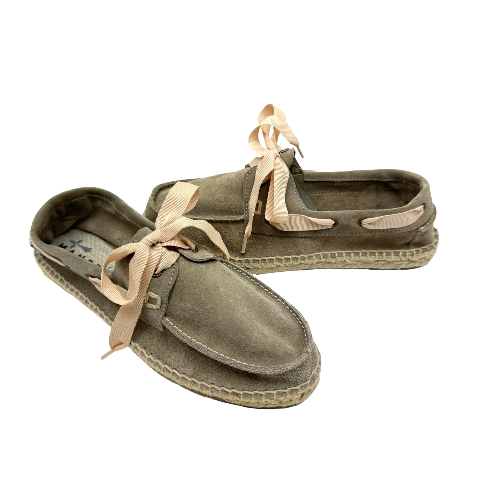 Manebi Nwb Hamptons Taupe Suede Leather Ribbon Tie Slip On Casual Boat Shoes — image 3 of 8